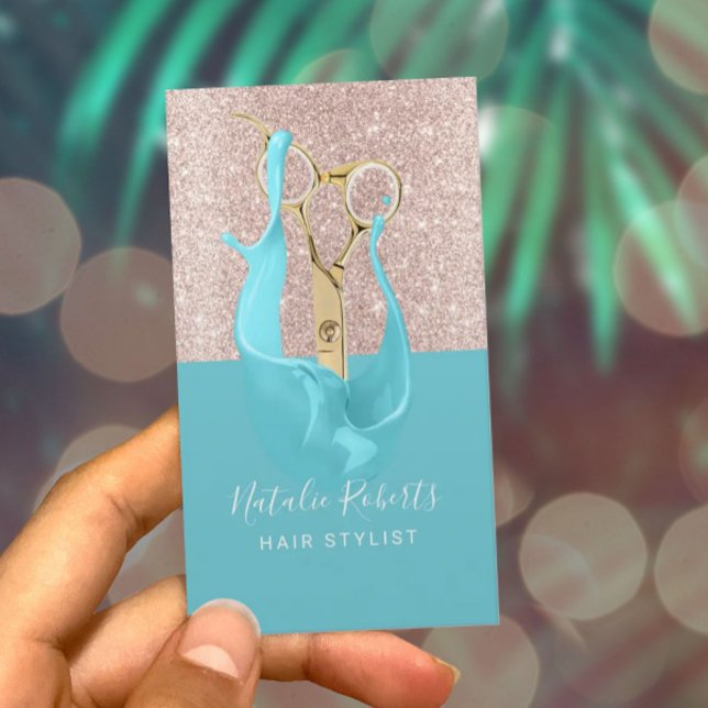 Hair Stylist Rose Gold & Turquoise Splash Scissor Business Card (Creator Uploaded)