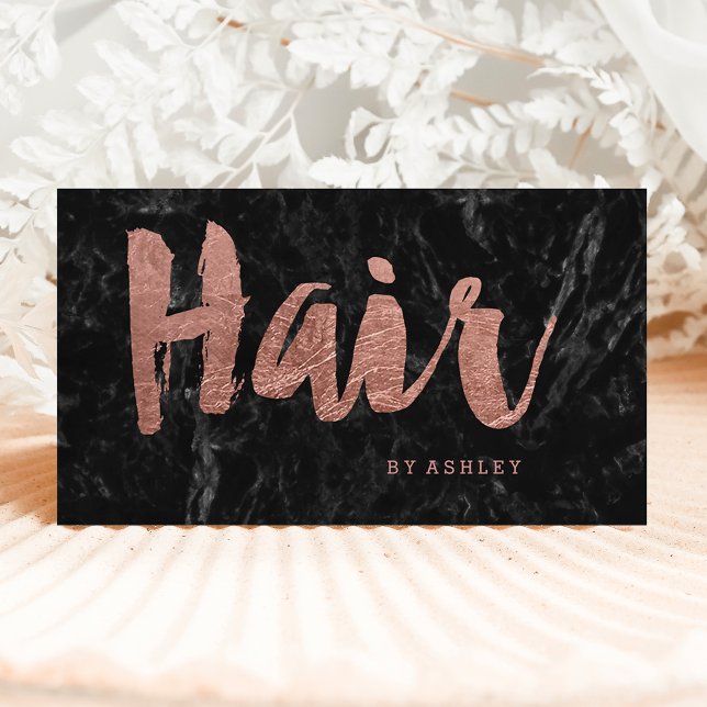 Hair stylist rose gold typography black marble business card (Creator Uploaded)