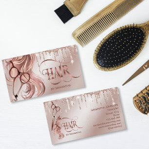 Hair stylist rose gold typography hair scissors bu business card