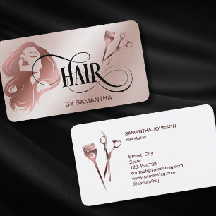 Hair stylist rose gold typography hair scissors bu business card