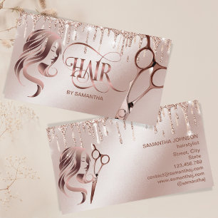 Hair stylist rose gold typography hair scissors bu business card