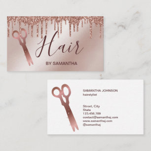 Hair stylist rose gold typography hair scissors bu business card