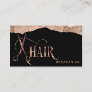 Hair stylist rose gold typography hair scissors bu business card