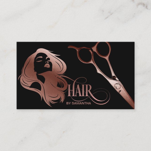 Hair stylist rose gold typography hair scissors business card (Front)