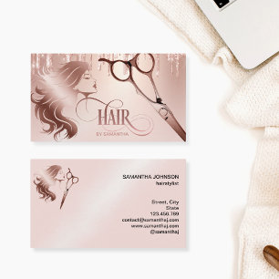 Hair stylist rose gold typography hair scissors business card