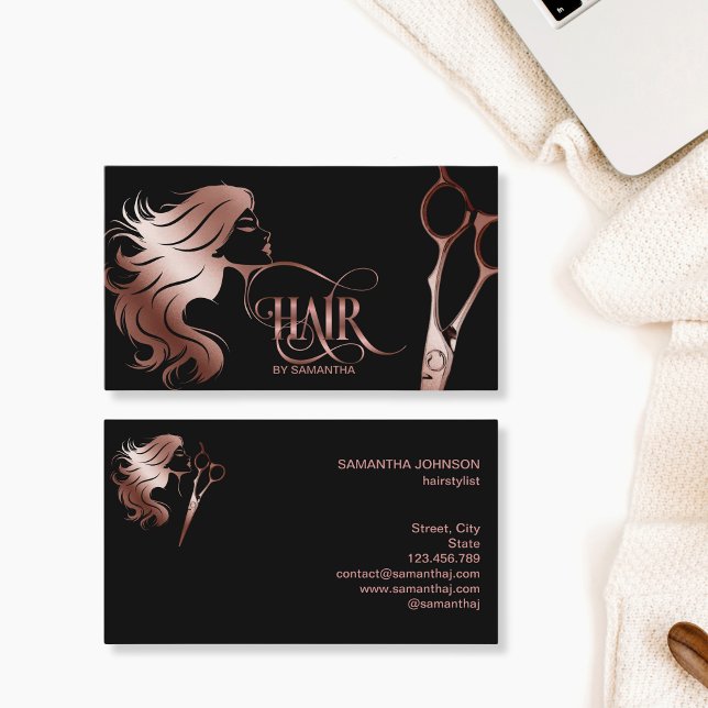 Hair stylist rose gold typography hair scissors business card (Creator Uploaded)