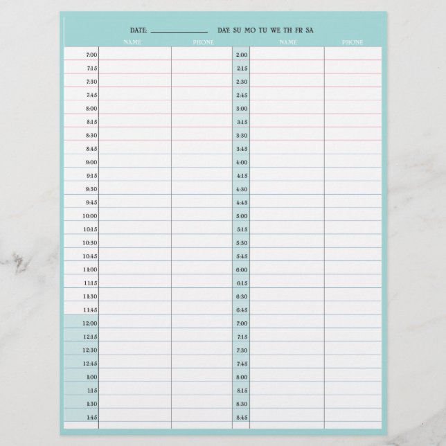 Hair stylist salon 1-day appointment book pages custom letterhead (Front)