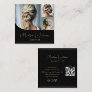 Hair Stylist Salon 3 Photos Black and Gold Square Business Card