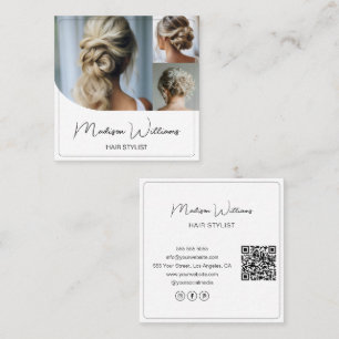 Hair Stylist Salon 3 Photos QR Code White Square Business Card