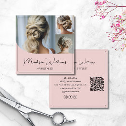 Hair Stylist Salon 3 Photos QR Pink Square Business Card