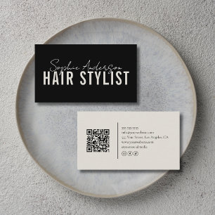 Hair Stylist Salon Black and Neutral QR Code Business Card