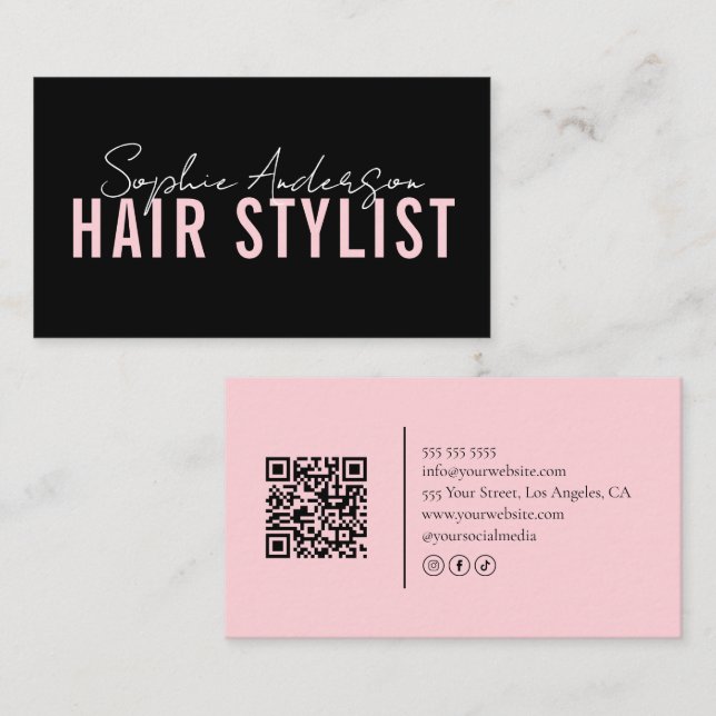 Hair Stylist Salon Black and Pink QR Code Business Card (Front/Back)