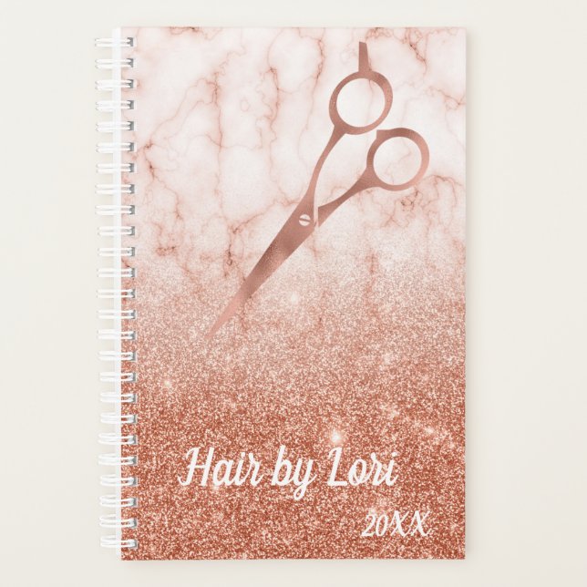 Hair Stylist Salon Business Rose Gold Scissors Planner (Front)