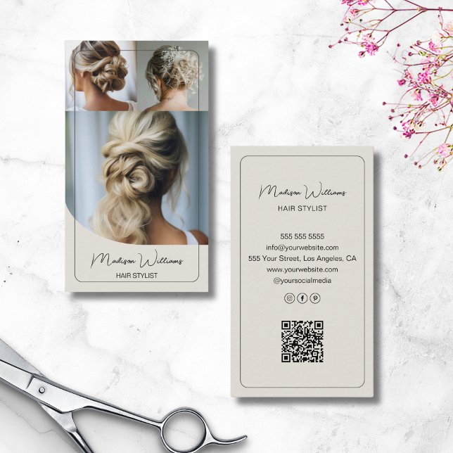 Hair Stylist Salon Custom 3 Photos QR Code Business Card (Hair Stylist Salon Custom 3 Photos QR Code Business Card)