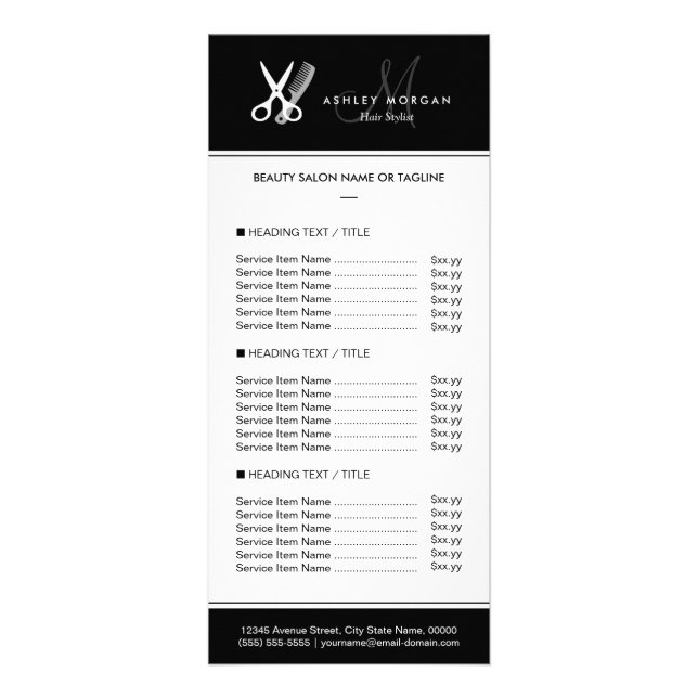 Hair Stylist Salon Modern Black White Price Menu (Front)