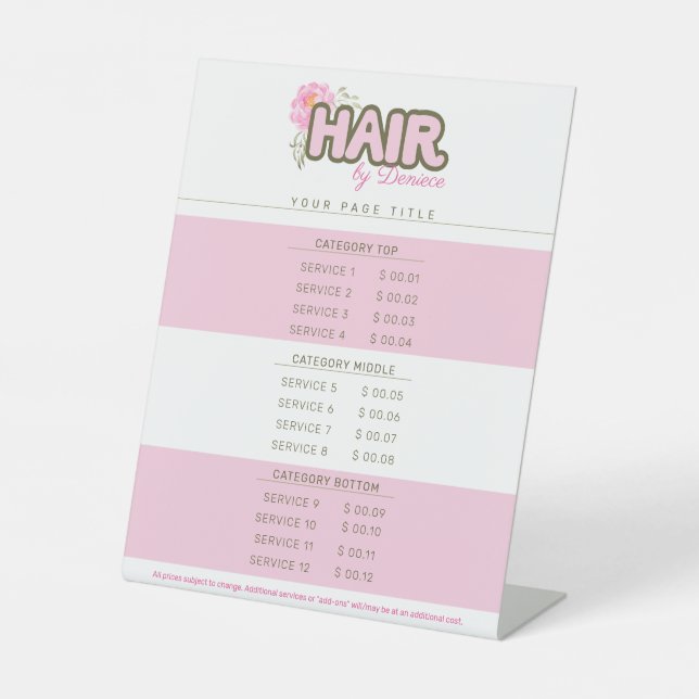 Hair stylist salon price list template pedestal sign (Front)