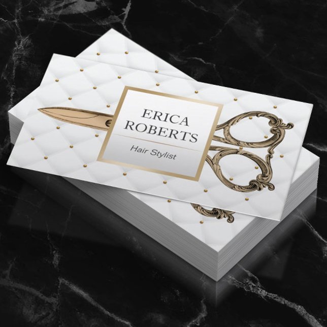 Hair Stylist Salon Scissor Luxury Gold & White Business Card (Creator Uploaded)
