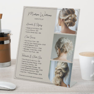 Hair Stylist Salon Services Price List Beige Pedestal Sign