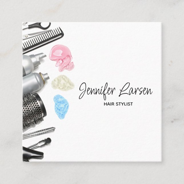 Hair Stylist Salon Tools Beauty Square Business Card (Front)