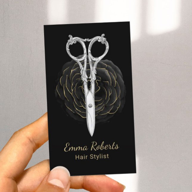 Hair Stylist Scissor & Black Flower Beauty Salon Business Card (Creator Uploaded)