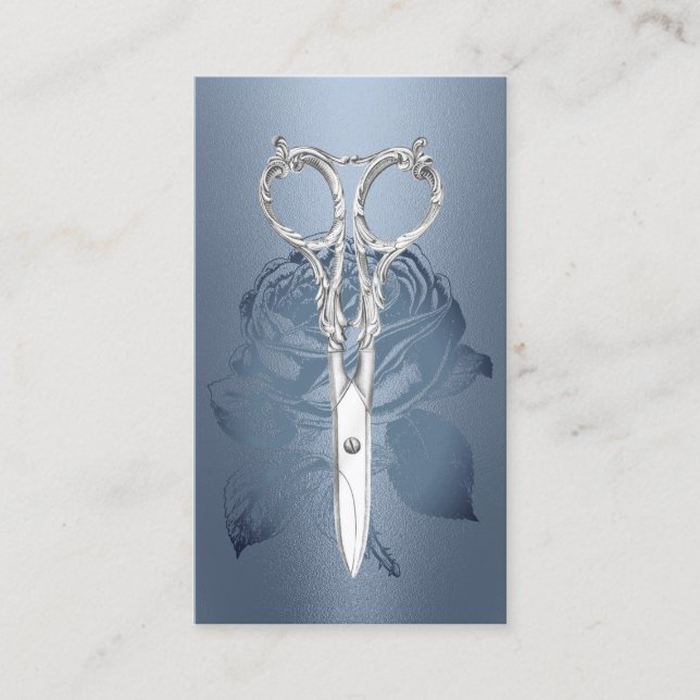 Hair Stylist Scissor Dusty Blue Rose Flower Business Card (Front)
