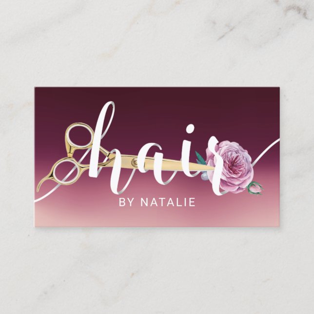 Hair Stylist Scissor & Flower Typography Burgundy Business Card (Front)