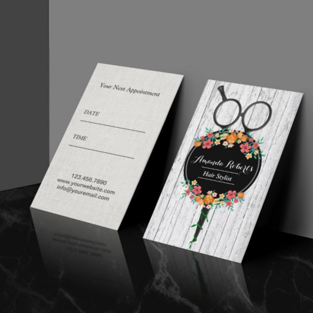 Hair Stylist Scissor & Flowers Rustic Appointment Card (Creator Uploaded)