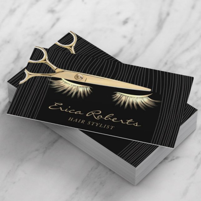 Hair Stylist Scissor & Girl Black & Gold Salon Business Card (Creator Uploaded)