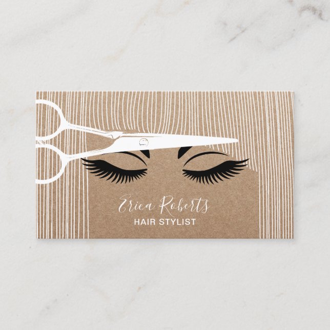 Hair Stylist Scissor & Girl Salon Rustic Kraft Business Card (Front)