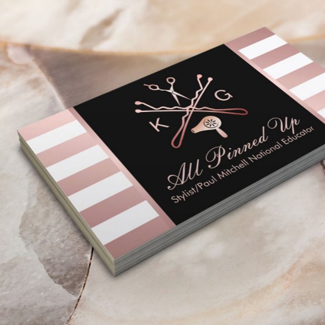 Hair Stylist Scissor & Hair Dryer Rose Gold Stripe Business Card (Creator Uploaded)