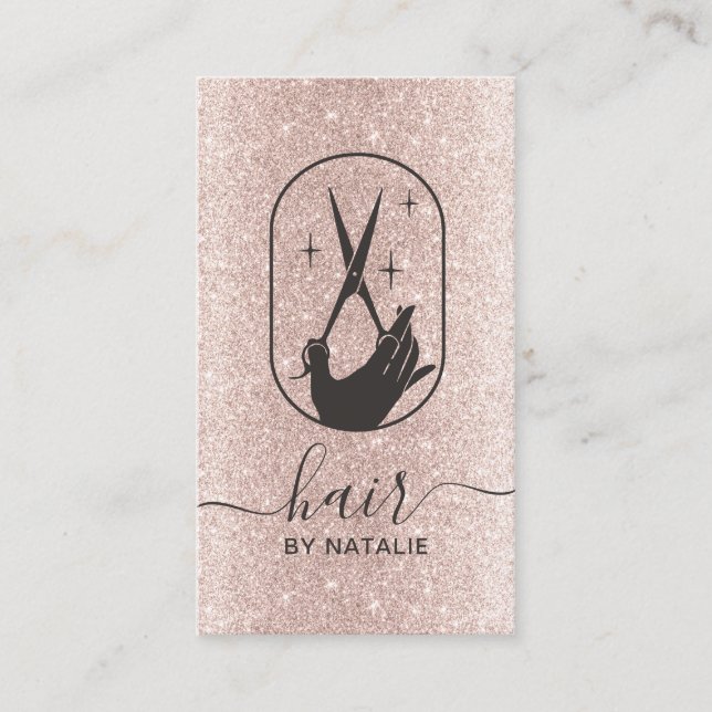 Hair Stylist Scissor & Hand Logo Blush Rose Gold Business Card (Front)