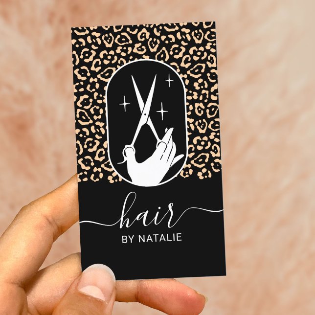 Hair Stylist Scissor & Hand Logo Leopard Salon Business Card (Creator Uploaded)