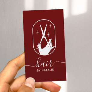 Hair Stylist Scissor & Hand Logo Plain Red Salon Business Card