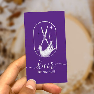 Hair Stylist Scissor & Hand Logo Purple Salon Business Card