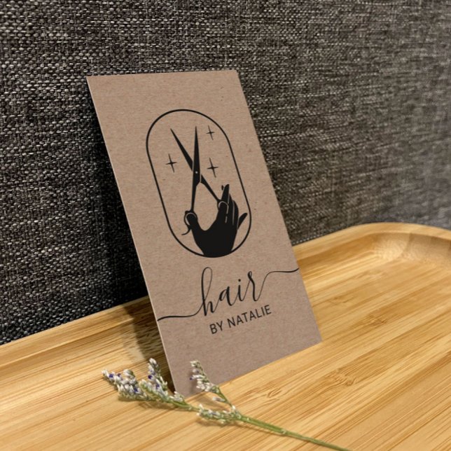 Hair Stylist Scissor Hand Logo Rustic Kraft Salon Business Card (Creator Uploaded)