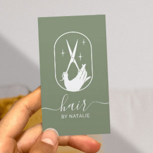 Hair Stylist Scissor & Hand Logo Sage Green Salon Business Card