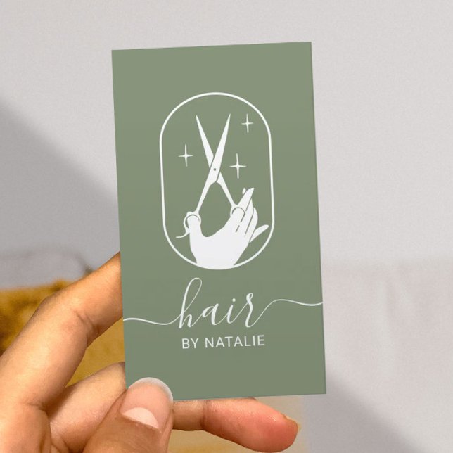Hair Stylist Scissor & Hand Logo Sage Green Salon Business Card (Creator Uploaded)