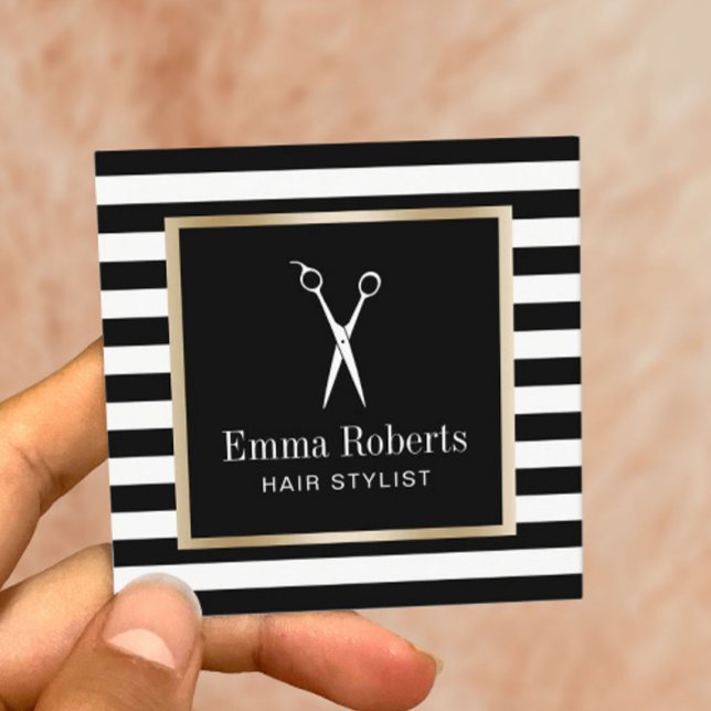 Hair Stylist Scissor Logo Modern Black Stripes Square Business Card (Creator Uploaded)
