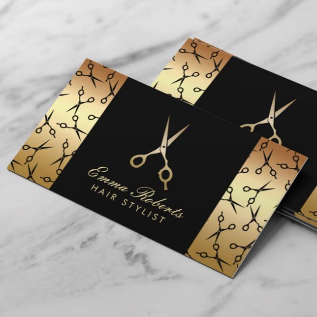 Hair Stylist Scissor Pattern Modern Black & Gold Business Card (Creator Uploaded)
