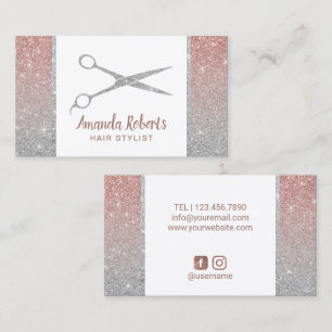 Hair Stylist Scissor Rose Gold & Silver Glitter Business Card