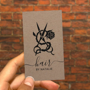 Hair Stylist Scissor & Rose Logo Rustic Kraft Business Card