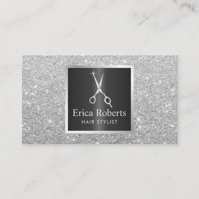 Hair Stylist Scissor Trendy Silver Glitter Salon Business Card (Front)