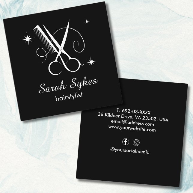 Hair Stylist Scissors Barber Black Custom Square Business Card (Creator Uploaded)