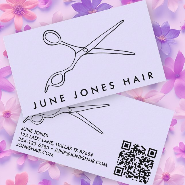 Hair Stylist Scissors Chic Barber QR Code Purple Business Card (Hair Stylist Scissors Chic Barber QR Code Purple Lavender Pastel Custom  Business Card
)