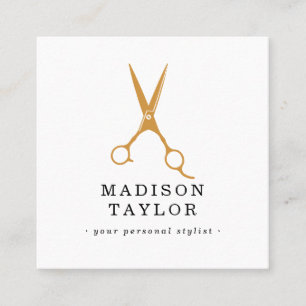 Hair Stylist Scissors Chic Drawing Gold & White Square Business Card