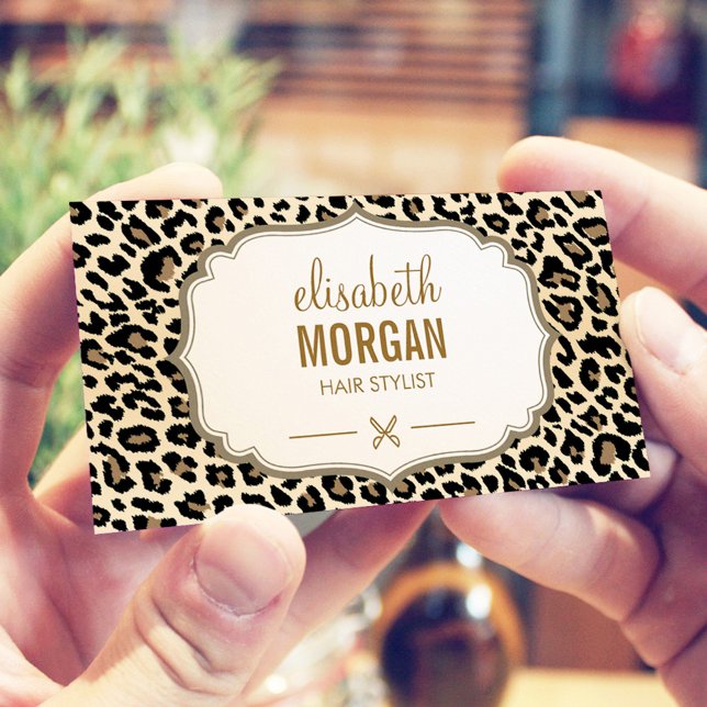 Hair Stylist Scissors Elegant Cream Leopard Print Business Card (Creator Uploaded)