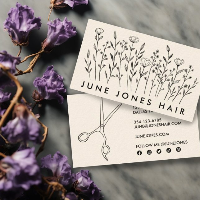 Hair Stylist Scissors Elegant Wildflowers Creamy  Business Card (Custom social media icons hair stylist business cards with scissors on one side and wildflowers )
