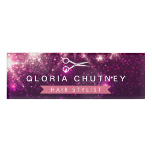 Hair Stylist Scissors Pink Purple Glitter Name Tag