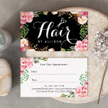 Hair Stylist Script Pink Floral Appointment Card<br><div class="desc">This "Hair Stylist Script Floral Wrapping" design features a beautiful wrapping of pink flowers around a sleek black background, with a bold Hair Script and Scissors logo in the center to showcase your brand and expertize. Use it to schedule appointments with your clients and keep track of your busy schedule....</div>