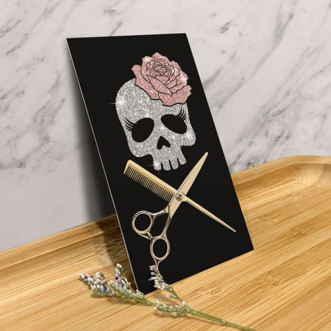 Hair Stylist Silve Glitter Skull Beauty Salon Business Card (Creator Uploaded)